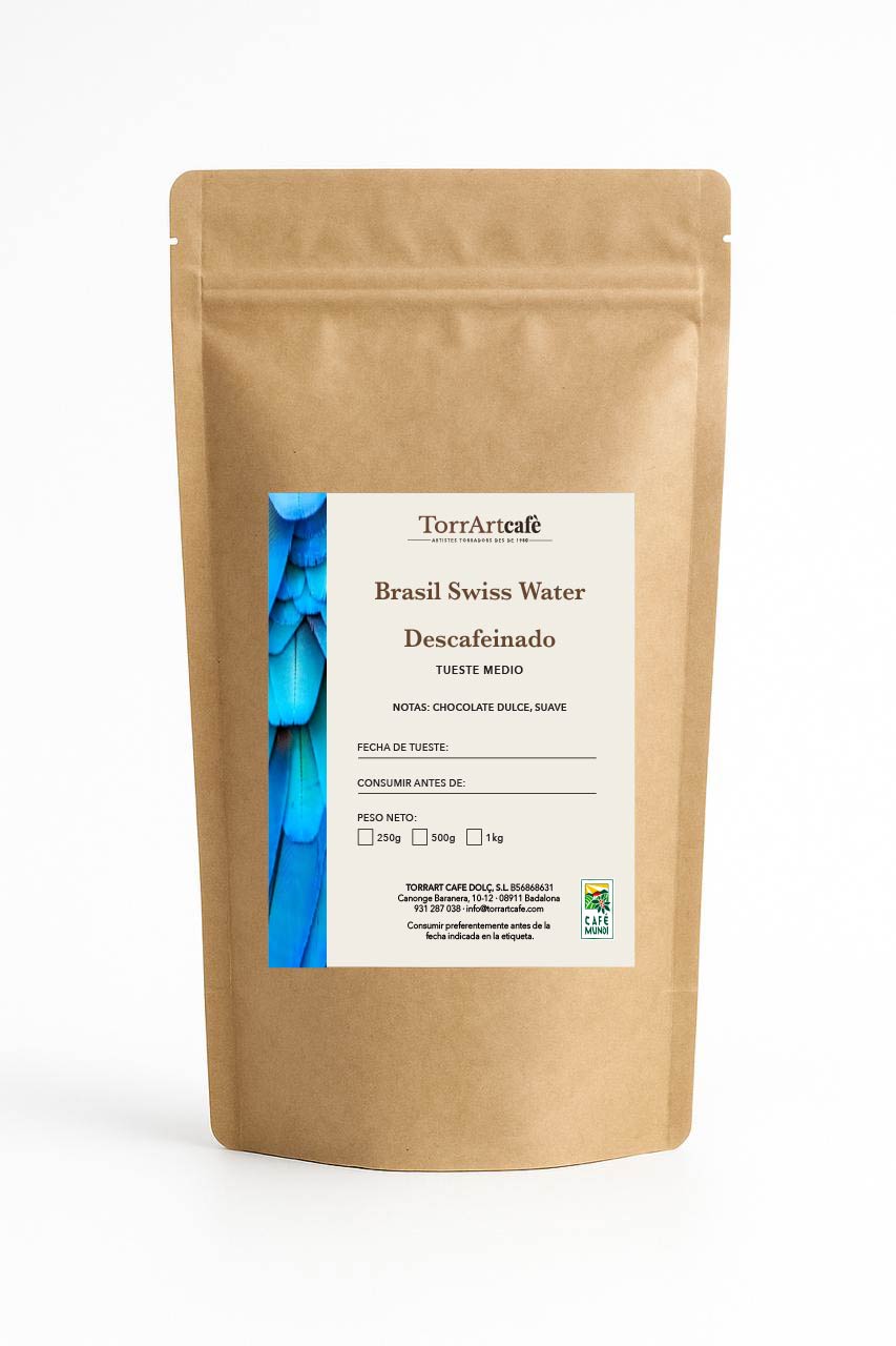 Café selecto Brasil Swiss Water Descafeinado de TorrArtcafè, de sabor dulce, suave y achocolatado, tueste de autor y empaque artesanal. Ideal para disfrutar sin cafeína, con todo el placer del café de especialidad.