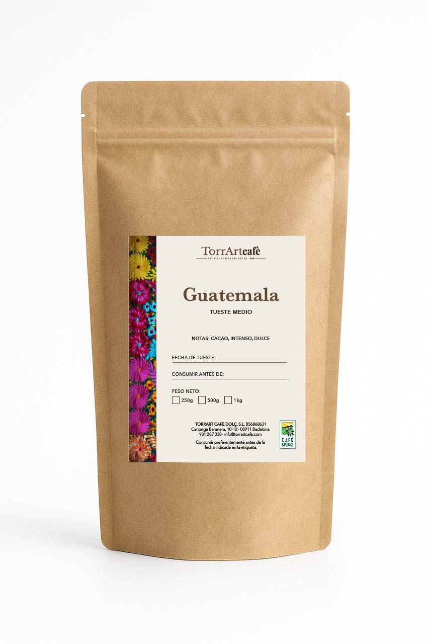 Café selecto Guatemala de TorrArtcafè, con notas de cacao, dulzura e intensidad equilibrada. Tueste de autor y empaque artesanal que reflejan la riqueza y el color del origen guatemalteco.