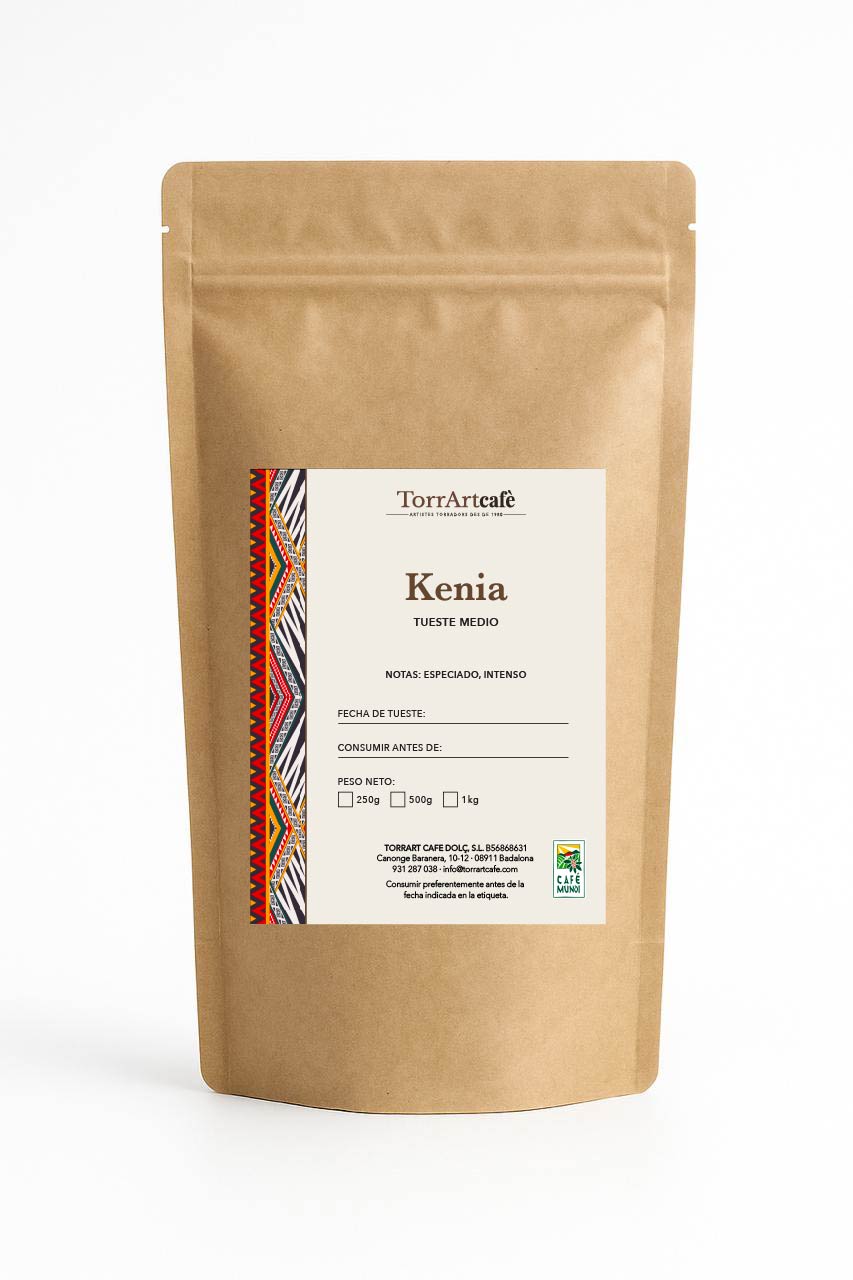 Café selecto Kenia de TorrArtcafè, de sabor intenso y especiado, con acidez brillante y cuerpo profundo. Tueste de autor y empaque artesanal que reflejan la esencia del café africano.