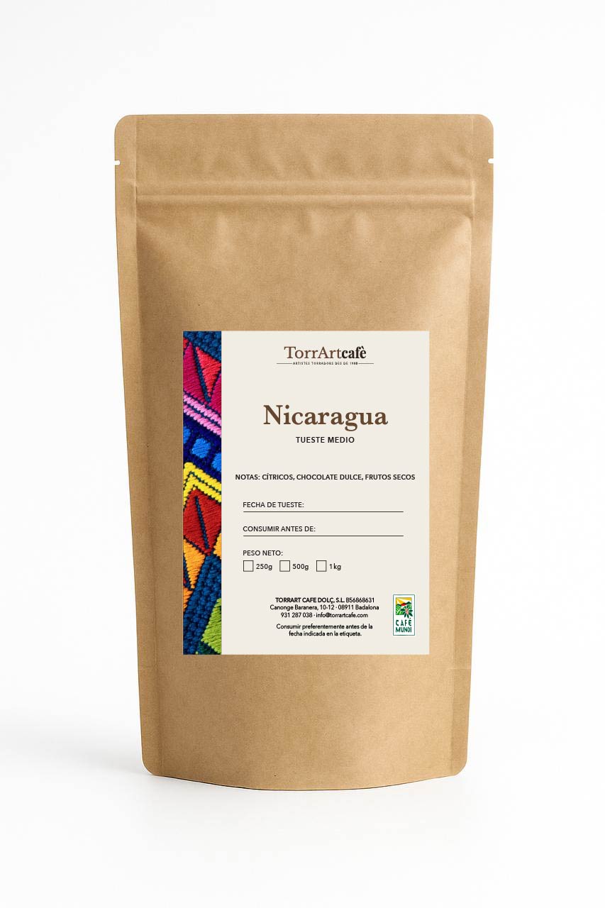 Café selecto Nicaragua de TorrArtcafè, con notas de cítricos, chocolate dulce y frutos secos. Tueste de autor, sabor equilibrado y empaque artesanal inspirado en los colores de Centroamérica.