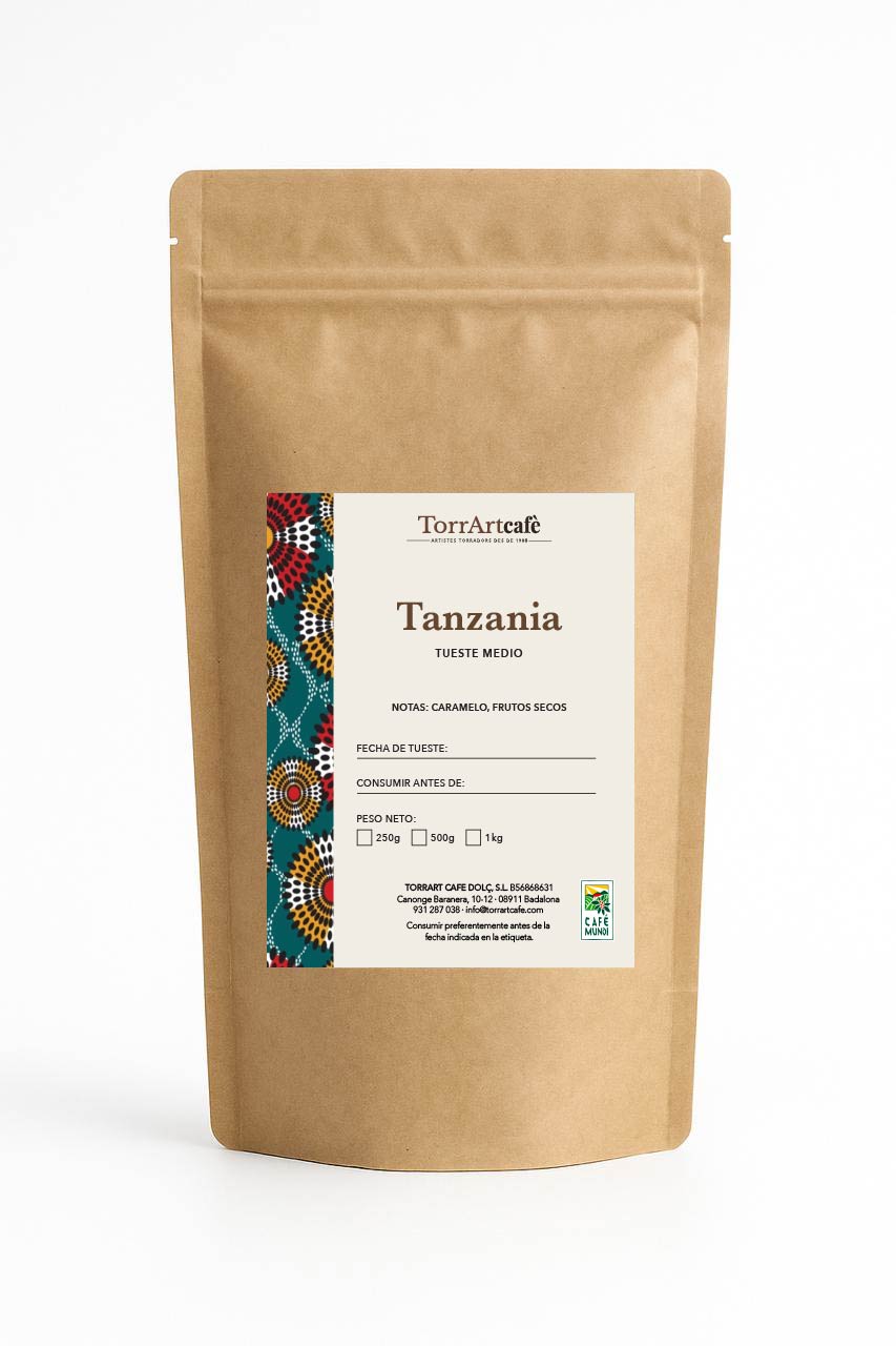Café selecto Tanzania de TorrArtcafè, con notas de caramelo y frutos secos. De sabor equilibrado y suave, tueste de autor y empaque artesanal inspirado en los colores de África.